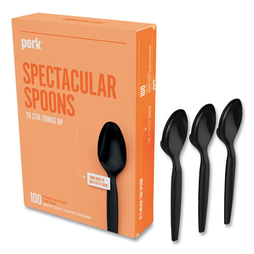 Heavyweight Plastic Cutlery, Teaspoon, Black, 100-pack
