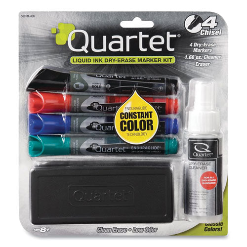 Enduraglide Dry Erase Marker Kit With Cleaner And Eraser, Broad Chisel Tip, Assorted Colors, 4-pack