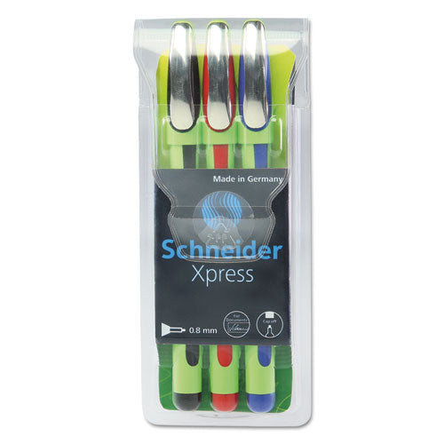 Schneider Xpress Fineliner Stick Pen, 0.8mm, Assorted Ink, Green Barrel, 3-pack