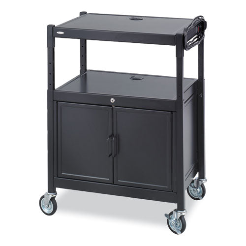 Steel Adjustable Av Cart W/cabinet, Metal, 3 Shelf, 6 Ac Outlets, 40 Lb Cap, 26.75x20.5x42, Black, Ships In 1-3 Business Days