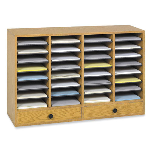 Wood Adjustable Literature Organizer, 32 Compartments, 39.25 X 11.75 X 25.25, Medium Oak