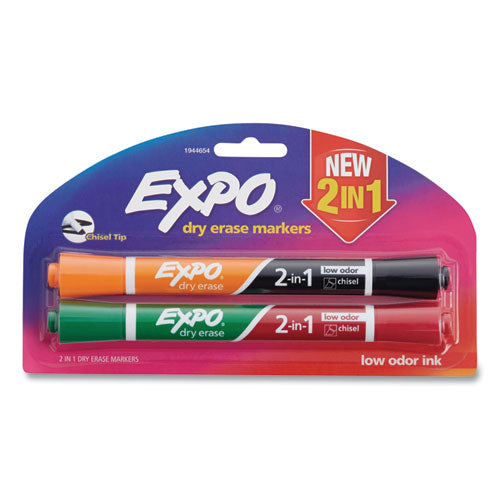 2-in-1 Dry Erase Markers, Medium Chisel Tip, Assorted Colors, 2-pack