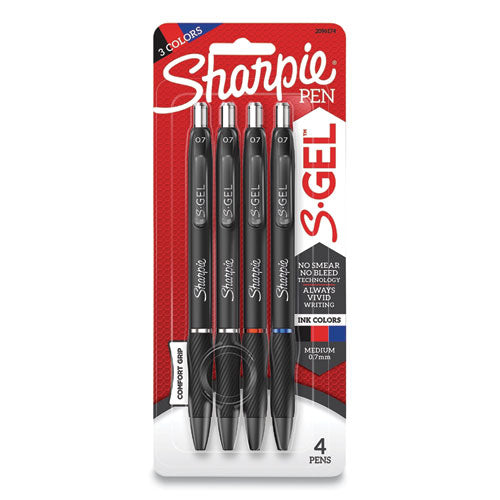 S-gel High-performance Gel Pen, Retractable, Medium 0.7 Mm, Assorted Ink Colors, Black Barrel, 4-pack