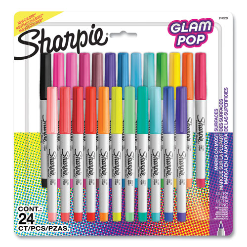 Ultra Fine Tip Permanent Marker, Ultra-fine Needle Tip, Assorted 80s Glam Colors, 24/pack