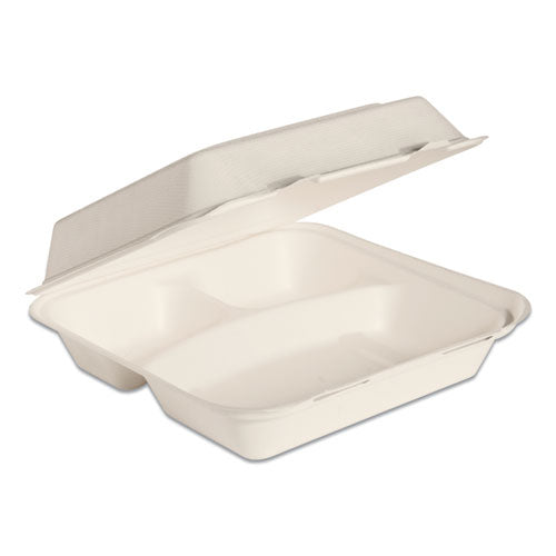 Bare By Solo Eco-forward Bagasse Hinged Lid Containers, 3-compartment, 9.6 X 9.4 X 3.2, Ivory, 200-carton