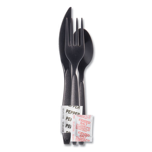 Reliance Mediumweight Cutlery Kit, Knife-fork-spoon-salt-pepper-napkin, Black, 250 Kits-carton