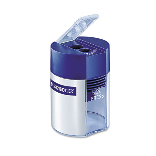 Cylinder Handheld Pencil Sharpener, Two-hole, 2.25" X 1.63" X 1.63", Blue-silver