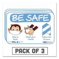 Besafe Messaging Education Wall Signs, 9 X 6,  "be Safe, Wear A Mask, Wash Your Hands, Follow The Arrows", Monkey, 3-pack