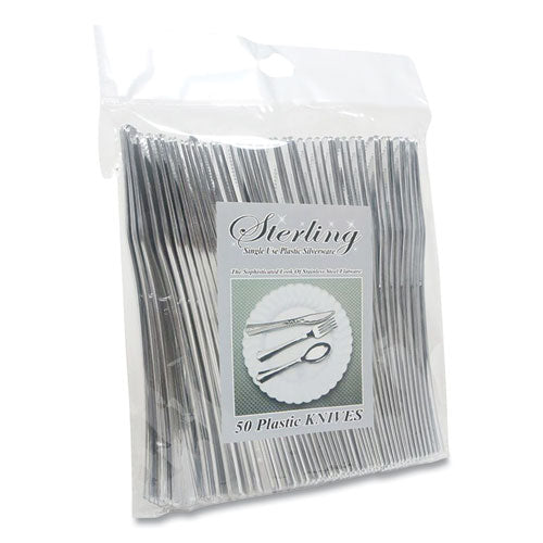 Sterling Heavy-duty Plastic Cutlery, Knives, Silver, 50-pack