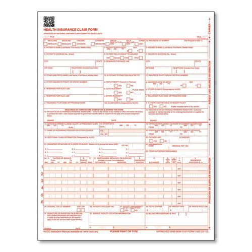 Cms-1500 Health Insurance Claim Forms, One-part, 8.5 X 11, 250 Forms