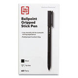 Gripped Stick Ballpoint Pen, Stick, Medium 1 Mm, Black Ink, Black Barrel, 60-pack