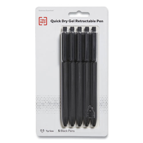 Quick Dry Gel Pen, Retractable, Fine 0.5 Mm, Black Ink, Black Barrel, 5-pack