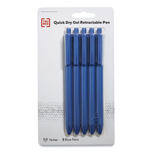 Quick Dry Gel Pen, Retractable, Fine 0.5 Mm, Blue Ink, Blue Barrel, 5-pack