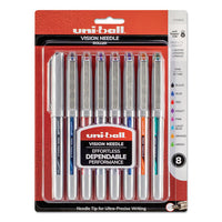 Vision Needle Stick Roller Ball Pen, Fine 0.7mm, Assorted Ink, Silver Barrel, 8-set