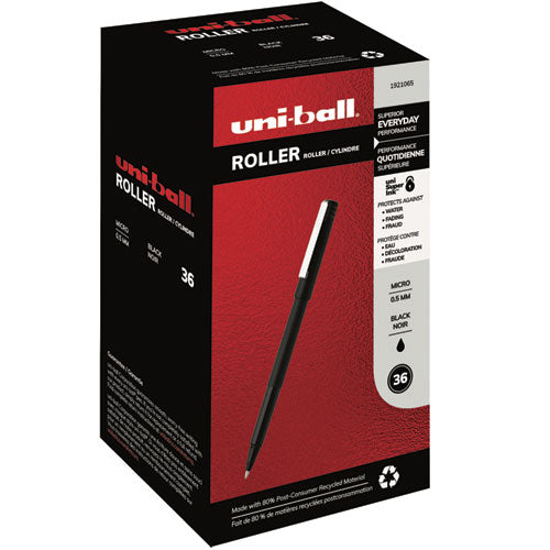 Stick Roller Ball Pen, Micro 0.5mm, Black Ink, Black Matte Barrel, 36-pack