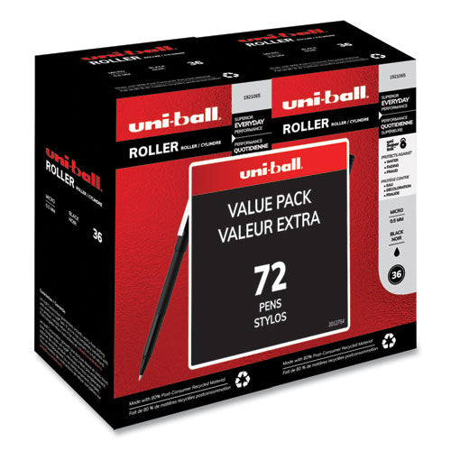 Stick Roller Ball Pen, Micro 0.5mm, Black Ink-barrel, 72-pack