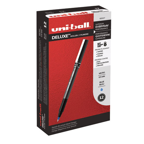 Deluxe Stick Roller Ball Pen, Micro 0.5mm, Blue Ink, Metallic Gray Barrel, Dozen