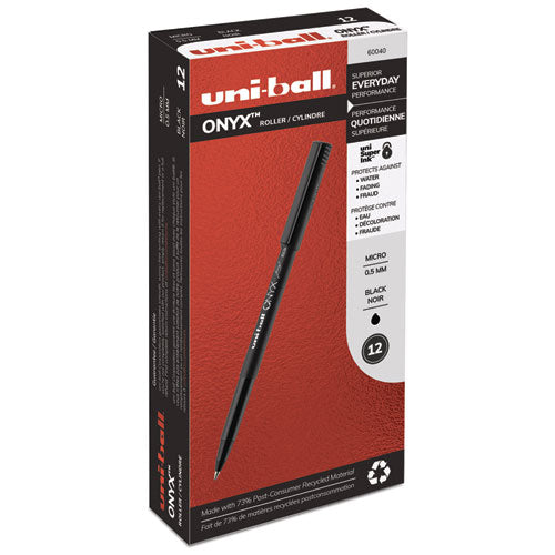 Onyx Stick Roller Ball Pen, Micro 0.5mm, Black Ink, Black Matte Barrel, Dozen
