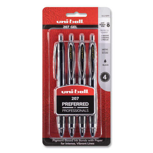 Signo 207 Gel Pen, Retractable, Micro 0.5 Mm, Black Ink, Translucent Gray Barrel, 4-pack