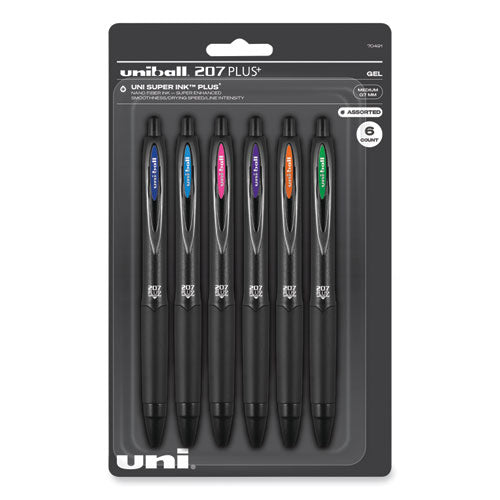 207 Plus+ Gel Pen, Retractable, Medium 0.7 Mm, Inspirational Ink-color Assortment, Black Barrel, 6-pack