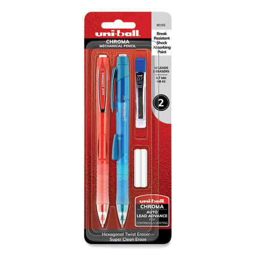 Chroma Mechanical Pencil W- 10 Leads And 2 Erasers, 0.7 Mm, Hb (#2), Black Lead, (1) Red (1) Blue Barrel, 2-pack