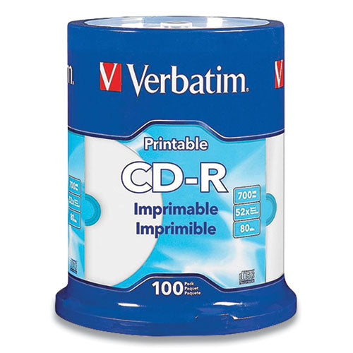 Cd-r Printable Recordable Disc, 80 Min, 52x, Spindle, White, 100-pack