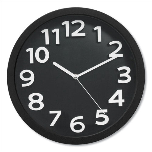 Wall Clock With Raised Numerals And Silent Sweep Dial, 13" Dia, Black Case, Black Face, 1 Aa (sold Separately)