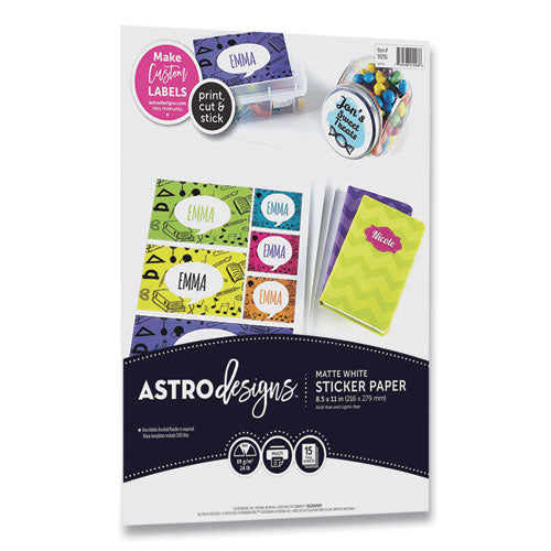 Astrodesigns Sticker Paper Labels, Inkjet-laser Printers, 8.5 X 11, White, 15-pack