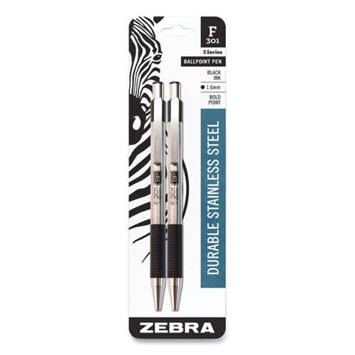 F-301 Ballpoint Pen, Retractable, Bold 1.6 Mm, Black Ink, Stainless Steel-black Barrel, 2-pack