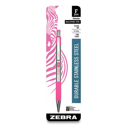 F-301 Ballpoint Pen, Retractable, Fine 0.7 Mm, Black Ink, Stainless Steel-pink Barrel