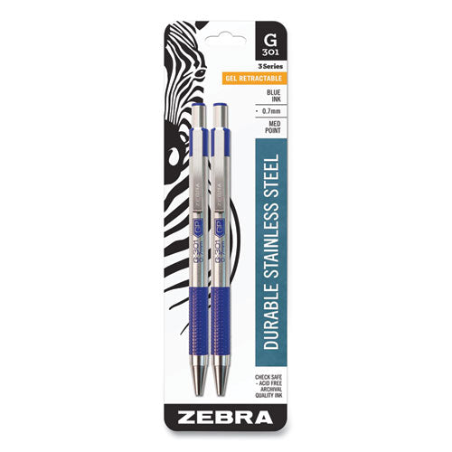 G-301 Gel Pen, Retractable, Medium 0.7 Mm, Blue Ink, Stainless Steel-blue Barrel, 2-pack