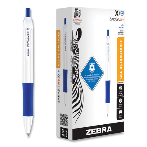 Sarasa Dry X1+ Retractable Gel Pen, Medium 0.7 Mm, Blue Ink, White Barrel, 12/pack