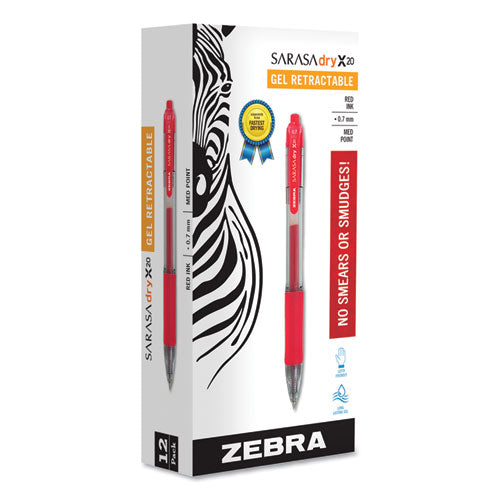 Sarasa Dry Gel X20 Retractable Gel Pen, Medium 0.7mm, Red Ink, Translucent Red Barrel, Dozen