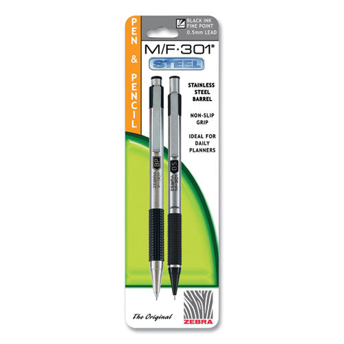 M-f 301 Stainless Steel Retractable Pen And Mechanical Pencil Set, Fine Black Pen,0.5 Mm Black Pencil, Stainless Steel Barrel
