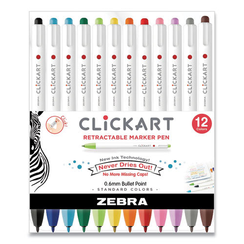 Clickart Retractable Marker Pen, Fine 0.6 Mm, Assorted Ink, White Barrel, 12-pack