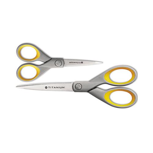 Titanium Bonded Scissors, 5" And 7" Long, 2.25" And 3.5" Cut Lengths, Gray-yellow Straight Handles, 2-pack