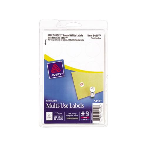 Removable Multi-use Labels, Inkjet-laser Printers, 1" Dia., White, 12-sheet, 50 Sheets-pack, (5410)