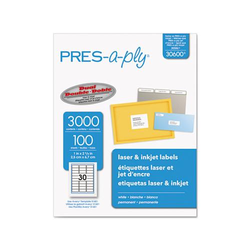 Labels, Laser Printers, 1 X 2.63, White, 30-sheet, 100 Sheets-box