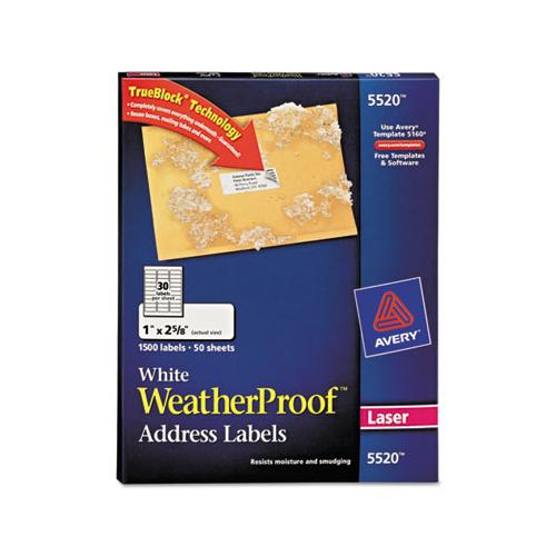 Waterproof Address Labels With Trueblock And Sure Feed, Laser Printers, 1 X 2.63, White, 30-sheet, 50 Sheets-pack