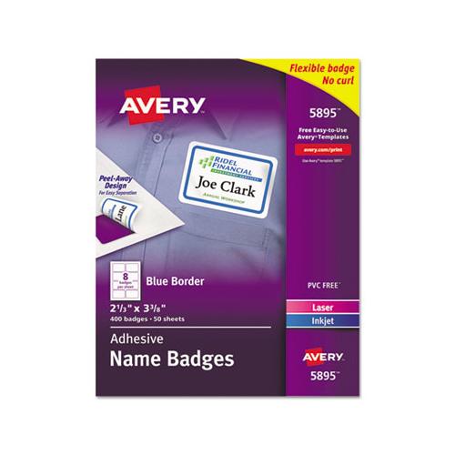 Flexible Adhesive Name Badge Labels, 3.38 X 2.33, White-blue Border, 400-box