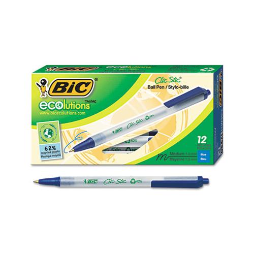 Ecolutions Clic Stic Retractable Ballpoint Pen, 1mm, Blue Ink, Clear Barrel, Dozen