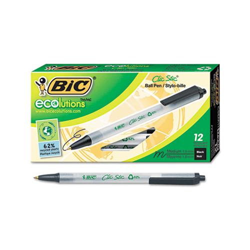 Ecolutions Clic Stic Retractable Ballpoint Pen, 1mm, Black Ink, Clear Barrel, Dozen