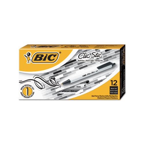 Clic Stic Retractable Ballpoint Pen, Medium 1 Mm, Black Ink, White Barrel, Dozen