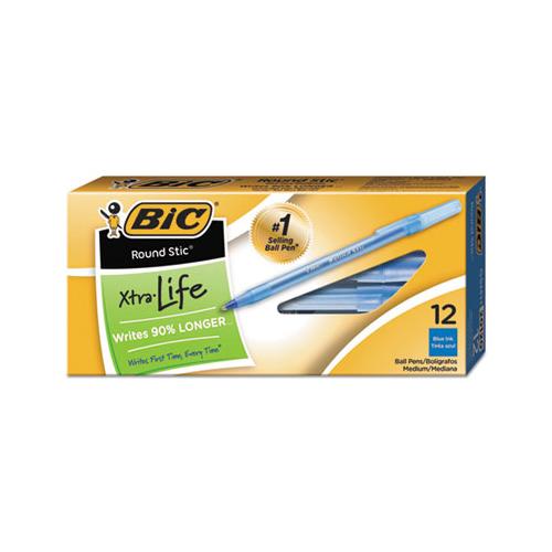 Round Stic Xtra Life Stick Ballpoint Pen, 1 Mm, Blue Ink, Translucent Blue Barrel, Dozen