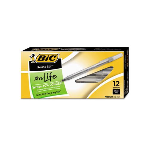 Round Stic Xtra Life Stick Ballpoint Pen, 1 Mm, Black Ink, Smoke Barrel, Dozen
