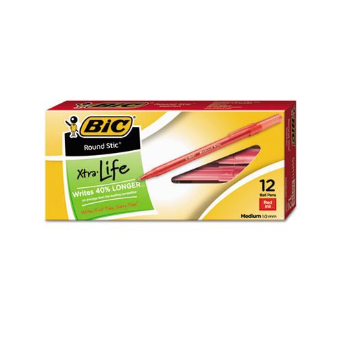 Round Stic Xtra Life Stick Ballpoint Pen, 1 Mm, Red Ink, Translucent Red Barrel, Dozen