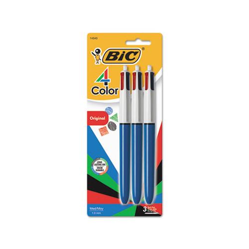 4-color Retractable Ballpoint Pen, 1 Mm, Black-blue-green-red Ink, Blue Barrel, 3-pack