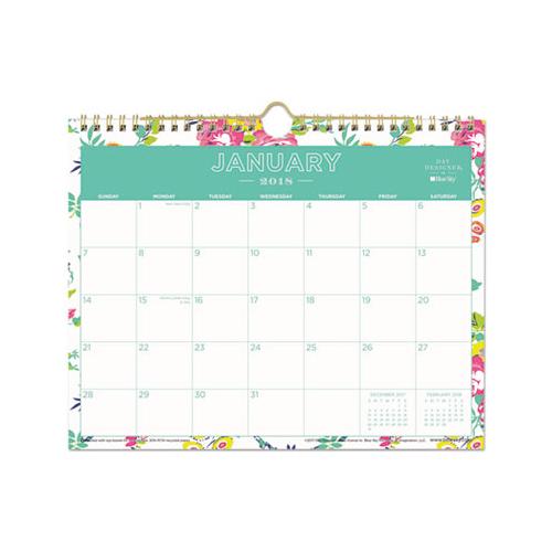 Day Designer Wirebound Wall Calendar, 11 X 8.75, White Floral, 2021