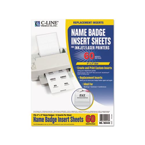 Name Badge Inserts, 4 X 3, White, 60-pack