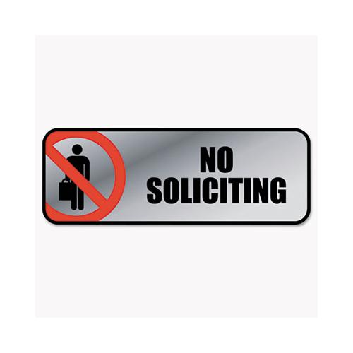 Brushed Metal Office Sign, No Soliciting, 9 X 3, Silver-red